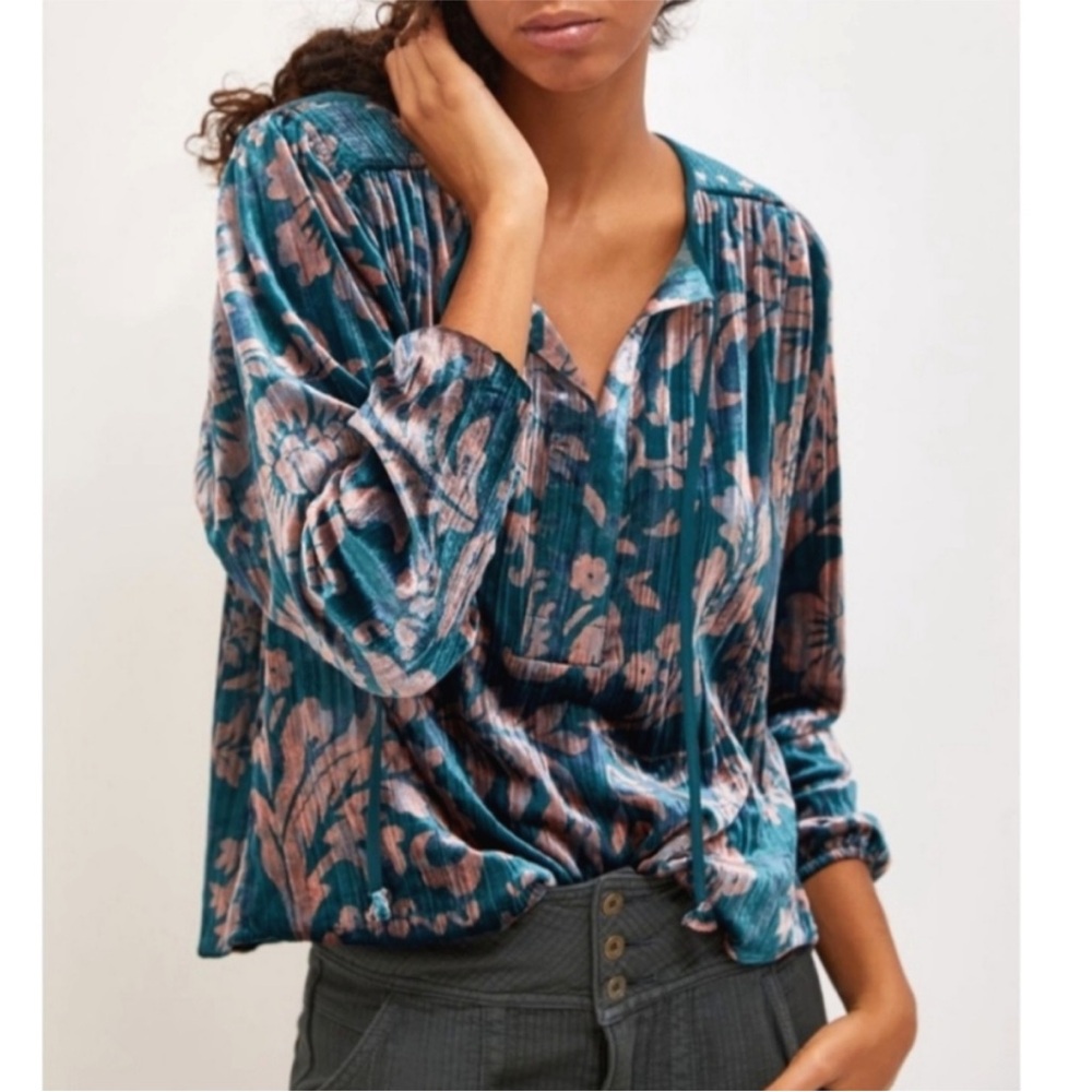 Anthropologie Faustine Velvet Peasant Blouse oversized boho chic S
